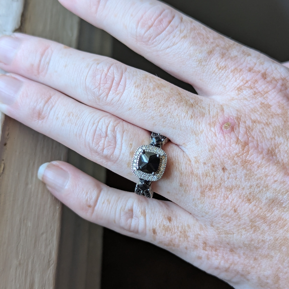 Cushion Cut Black and White Sapphire 925 Sterling Silver Halo Ring